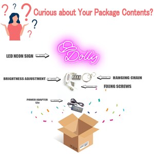 May include: A pink LED neon sign displaying the word Dolly with a hat icon, accompanied by a brightness adjustment controller, hanging chain, fixing screws, and a 12v power adapter, all shown above an open cardboard box with confetti graphics.