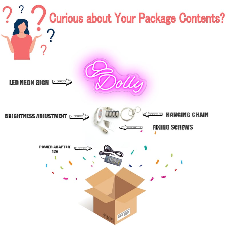May include: A pink LED neon sign displaying the word Dolly with a hat icon, accompanied by a brightness adjustment controller, hanging chain, fixing screws, and a 12v power adapter, all shown above an open cardboard box with confetti graphics.