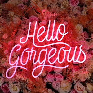 May include: A bright pink neon sign displaying the text Hello Gorgeous in a cursive script font. The sign is mounted directly over a dense wall of artificial flowers in various shades of pink, peach, and cream, including roses and ferns.
