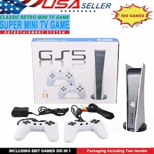 May include: A Super Mini TV Game entertainment system with a white console and two white controllers. The box reads "GS5" and "300 Games". Includes 8-bit games. The product is sold by a USA seller.