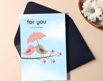 Tarjeta de amor imprimible / Diseño romántico de pareja de pájaros (Descarga digital)