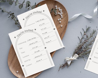 Plantilla de invitación minimalista con arco para fiesta de cumpleaños moderna y neutra (descarga digital)