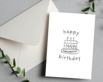 Tarjeta de cumpleaños minimalista con diseño de pastel dibujado a mano / Estilo dibujado a mano (Descarga digital)