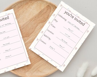 Plantilla de invitación de cumpleaños con lazo coqueto / Relleno de cinta rosa (Descarga digital)