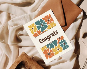 Tarjeta de felicitación floral retro / Diseño en tonos tierra (Descarga digital)