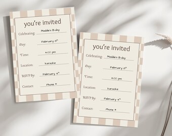 Invitación a cuadros neutros / Fiesta de cumpleaños minimalista en beige (JPG de 5 x 7)