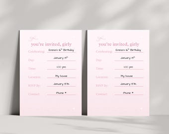 Invitación de cumpleaños rosa coqueta / Invitación de relleno para fiesta femenina (Descarga JPG de 5x7)