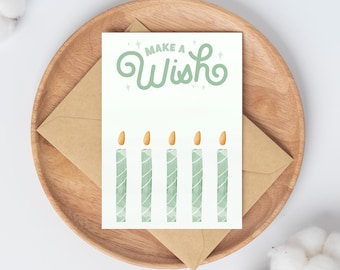 Tarjeta de cumpleaños imprimible / “Pide un deseo” / Diseño de vela verde / Tarjeta plegada de 4x6 pulgadas / Descarga digital JPG
