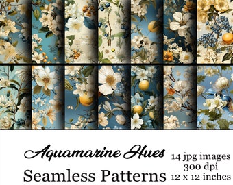 Aquamarine Hues Inspired Floral Seamless Pattern, Digital Download, Scrapbook, Fabric, Sublimation