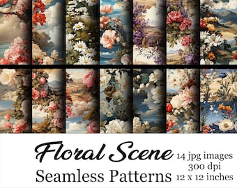 Floral Scene Seamless Patterns, Digital Download, Scrapbook, Fabric, Sublimation