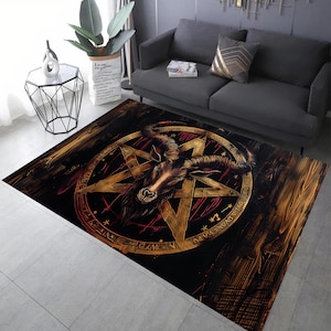 Pentagram Rug, Goat Rug, Wooden Area Rug, Satan Rug, Room Decor, Wooden Rug, Pentagram Popular Rug, Living Room Rug, Baphomet Rug