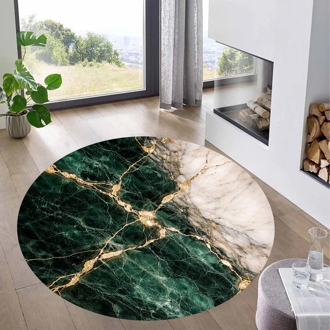 Gemstone Rug Emerald Green Marble Round Rug With Gold Veins – Luxury Modern Stone ...