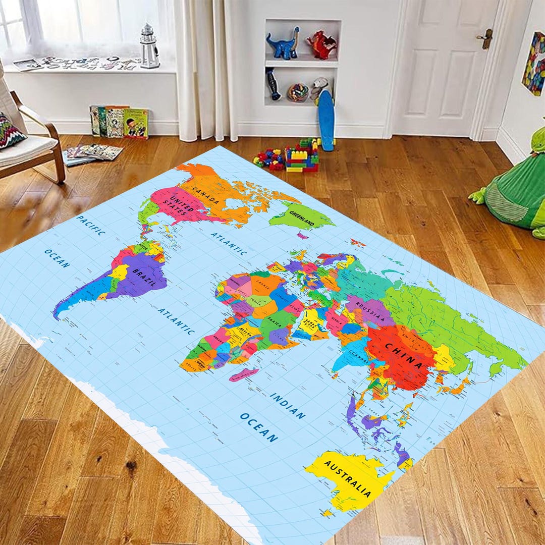 World Map Educational Rug, Colorful Atlas Playroom Decor, Kids ...