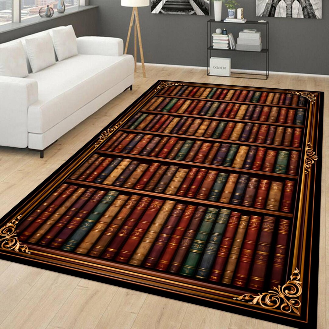 Literary Rug Vintage Bookshelf Rug, Antique Library Style Area Rug, Literary Reading ...