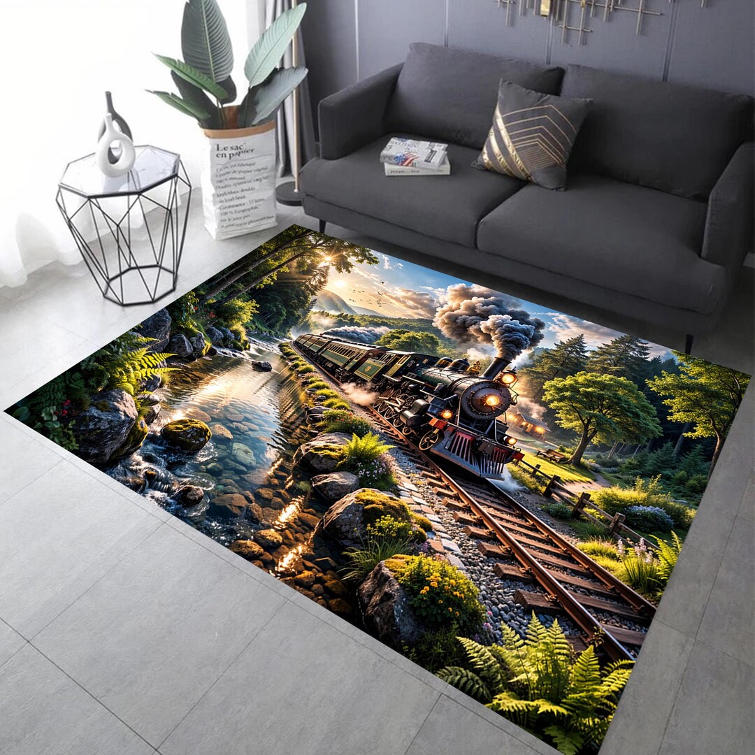Ariva Train Rug Vintage Steam Train Landscape Rug, Railway Locomotive Scene Art, Rustic ...
