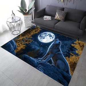Wolf Rug, Moon Decor Rug, Forest Design Rug, Home Decor Rug, Living Room Rug, Night Modern Rug, Wolf Design Rug, Animal Rug,Howling Wolf Rug