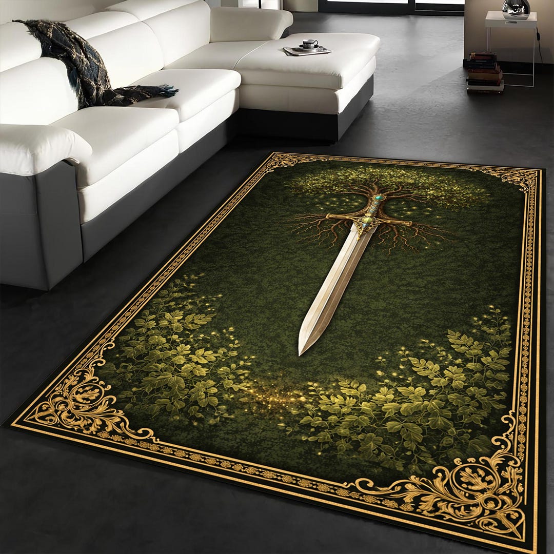 Enchanted Rug Fantasy Sword Enchanted Forest Rug, Green Gold Botanical Medieval Decor ...
