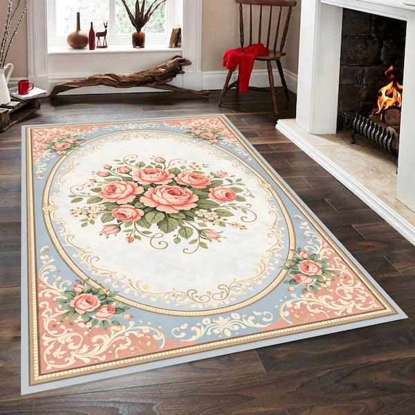 Vintage Floral Rose Rug, Elegant Cottage Style Area Rug, Romantic Shabby Chic Home Decor