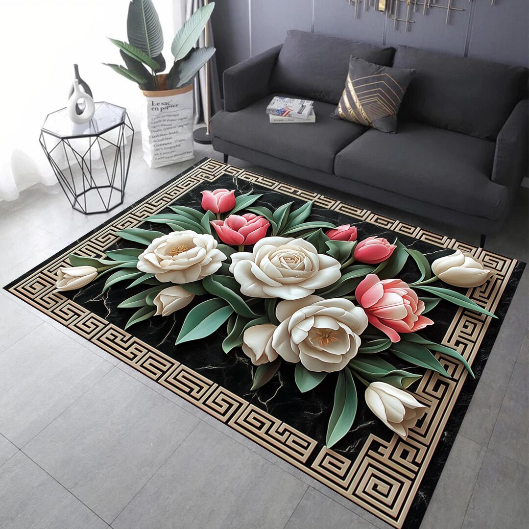 Temu Pink Rug With Flower Tulip and Rose Rug, Framed Modern Rug, Home Decor Rug, Flower Area Rug ...