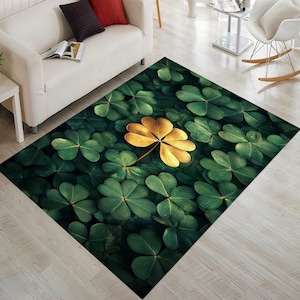 St Patricks Day, Gold Clover Rug, Happy St Patricks Day, St Patrick&#39;s Day Rug, St Patrick&#39;s Day Gift, Green Clover Rug, Party Decor Rug