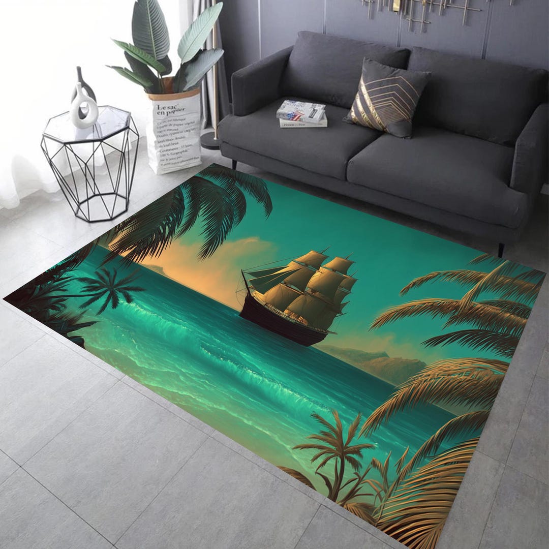 Tropical Sailing Ship Rug, Ocean Sunset Rug, Coastal Beach Rug, Pirate ...