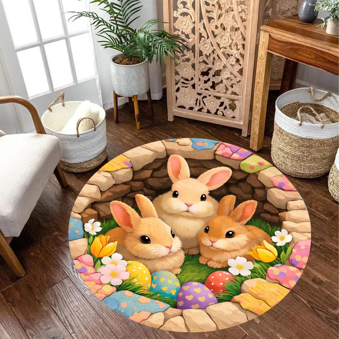Easter Rabbit Round Easter Bunny Round Rug, Colorful Eggs, Spring Home Decor - Etsy