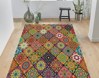 Bunter Mandala-Teppich: Maschinenwaschbar, rutschfest