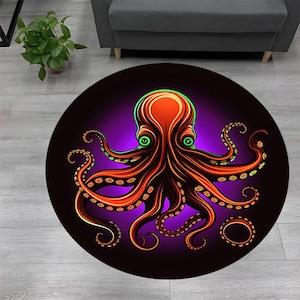 Tapis pieuvre, tapis rond pieuvre, tapis rond, tapis pieuvre coloré, tapis déco pieuvre, tapis pieuvre coloré, motif pieuvre, tapis déco animal