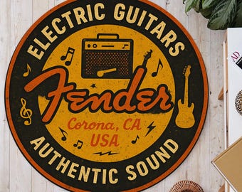 Alfombra redonda con diseño de guitarra Fender: decoración retro para tu sala de música