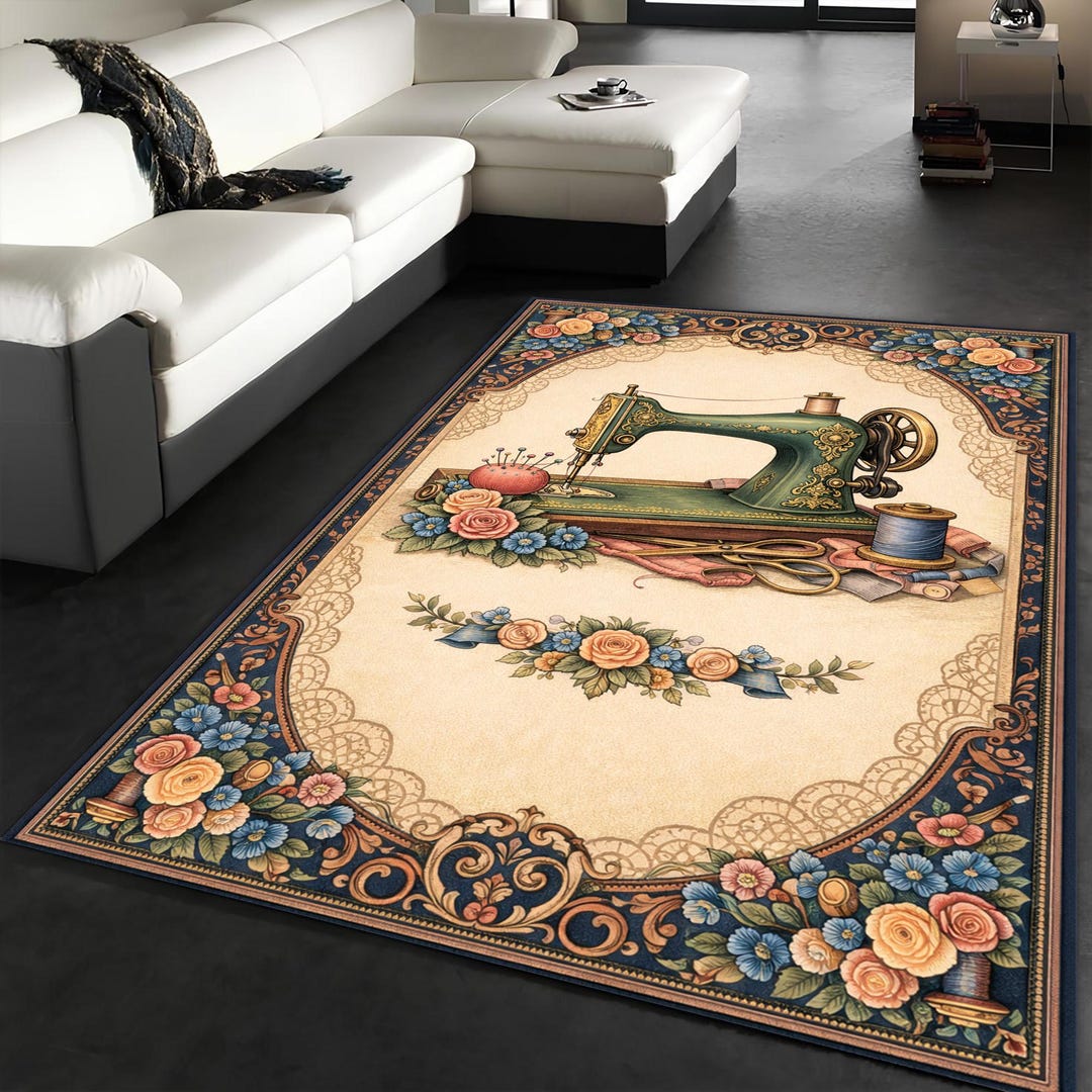 Sewing Machine Rug Pattern Vintage Sewing Machine Floral Rug, Retro Tailor Studio Decor, Craft ...