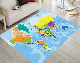 May include: A colorful world map rug with blue oceans and continents in various colors. The rug is laid out on a wooden floor.