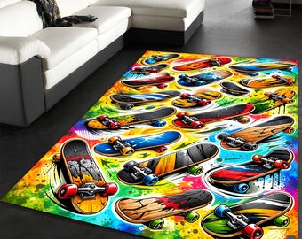 Graffiti Skateboard Art Rug, Colorful Skater Room Decor, Machine Washable NonSlip Area Rug