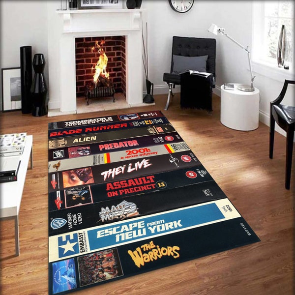 Nostalgic Retro Style Rug, Vhs Case Themed Horror Movie Room Rug, Home Theater TV Room Mat, Classic Horror Movies Decor