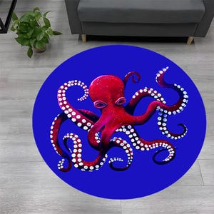 Tapis rond pieuvre, tapis pieuvre, tapis rond, tapis pieuvre coloré, tapis déco pieuvre, tapis pieuvre coloré, motif pieuvre, tapis déco animal