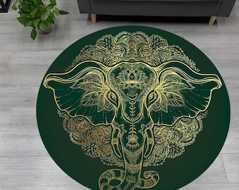 Elephant Round Rug: Cultural Mandala Design, Non-Slip Area Rug