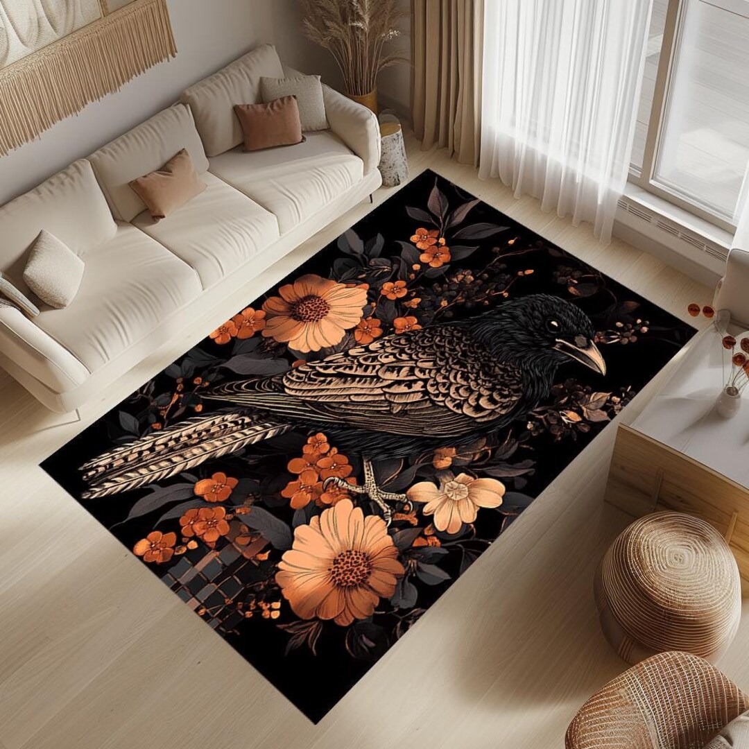 Crow and Flower Modern Rug: Bird Design Living Room Decor - Etsy