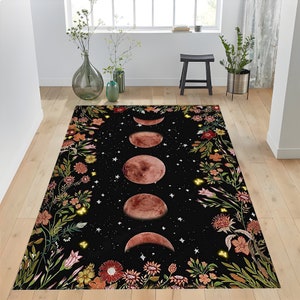 Moonlit Garden Area Rug Moon Carpet Lunar Eclipse Astrology Starry Night Vines Leaves Floral Garden Bohemian Luna Boho Moon Phases Floor