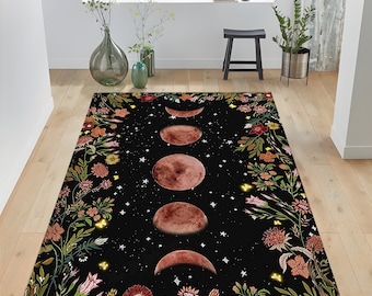 Moonlit Garden Rug,Moon Carpet,Lunar Eclipse,Astrology Starry,Night Vines,Leaves Floral,Garden,Bohemian,Luna,Boho,Moon,Phases Floor,Area Rug
