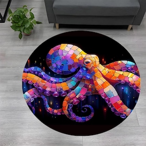 Tapis rond pieuvre, tapis pieuvre, tapis rond, tapis mosaïque pieuvre, tapis pieuvre mosaïque colorée, tapis calmars, tapis décoratif pieuvre, tapis pieuvre coloré