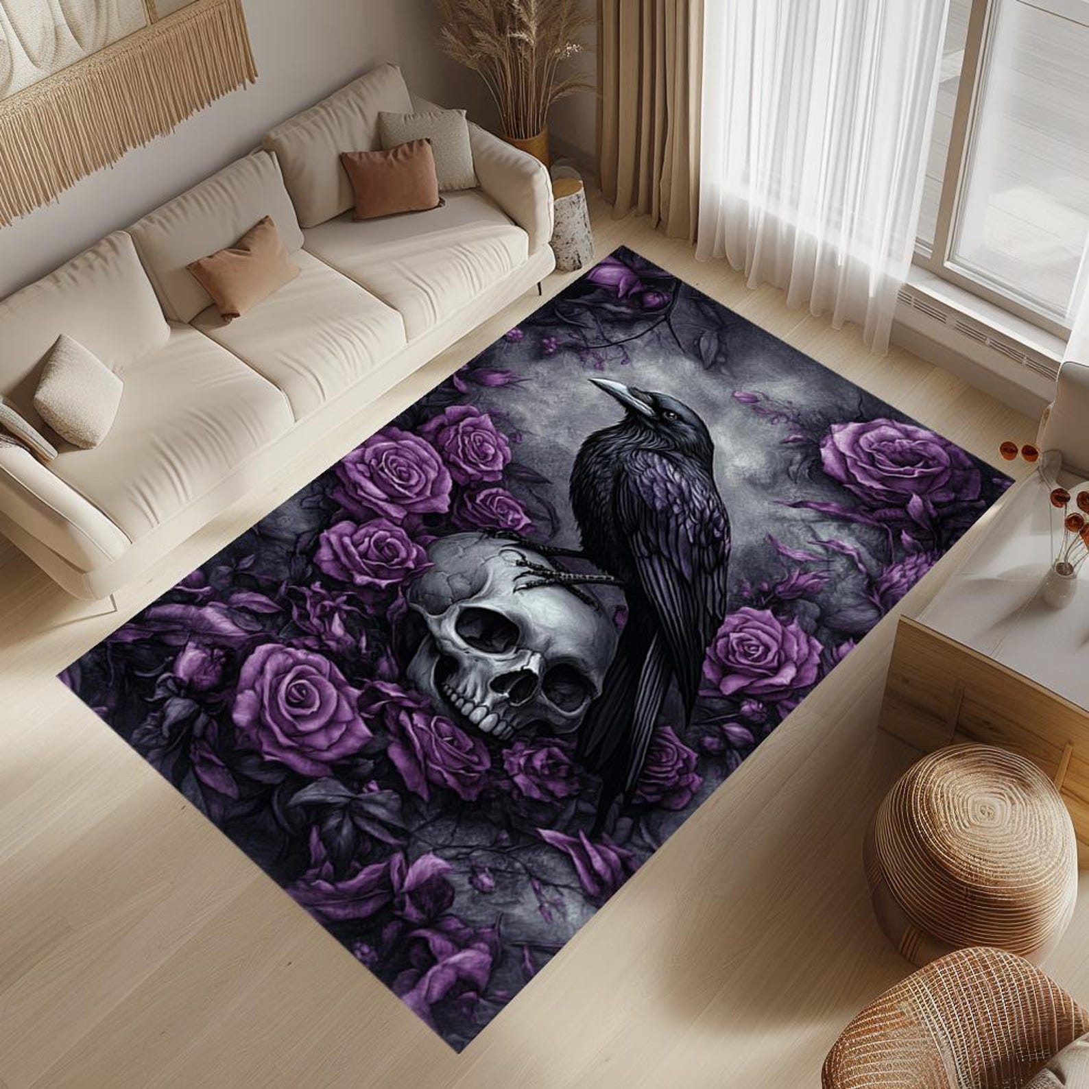 Skull & Crow Rug: Purple Roses, Spooky Home Decor - Etsy
