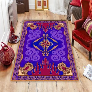 May include: A purple and gold rug with a repeating pattern of flames and a stylized design in the center. The rug has a border of gold and purple triangles.