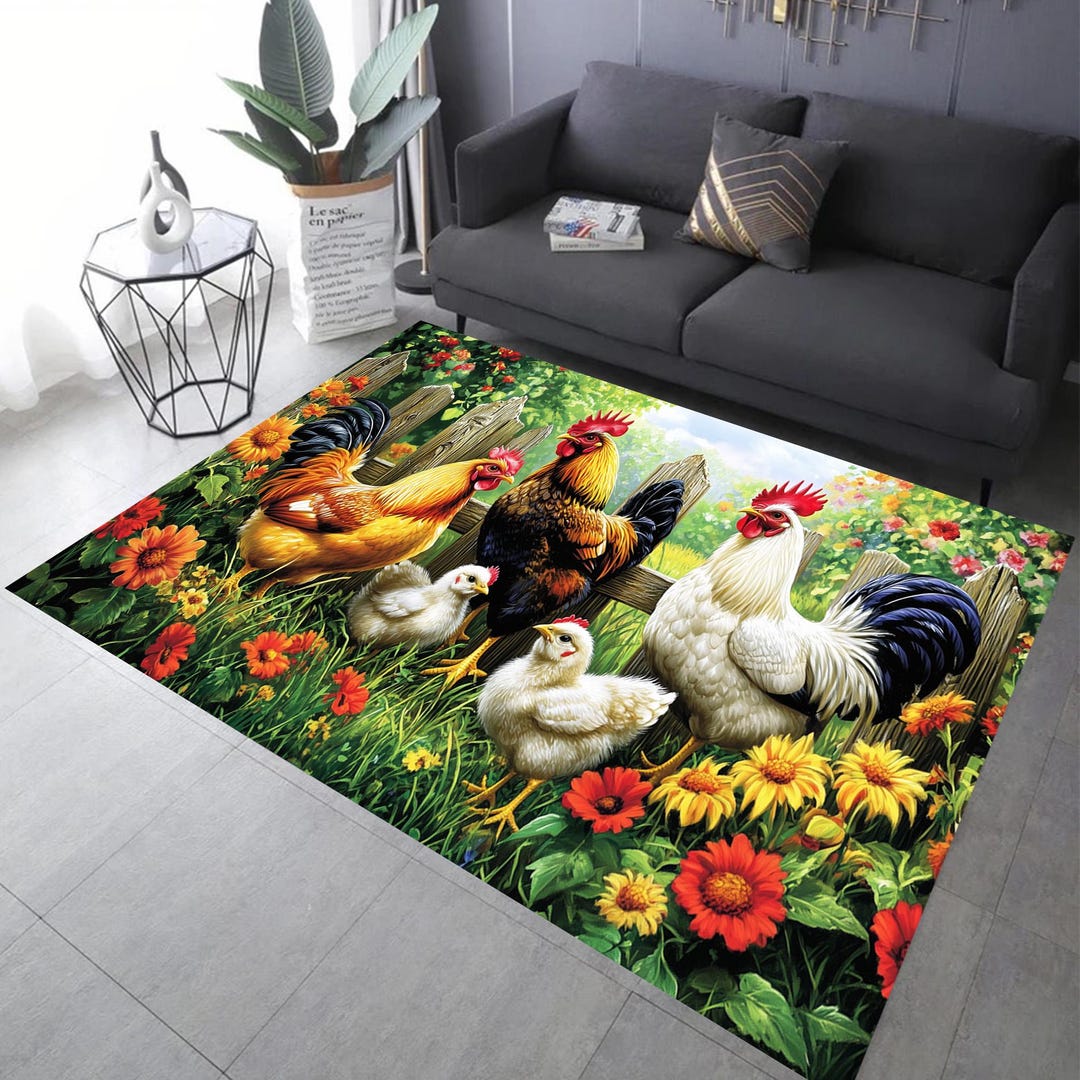 Poultry Family Area Rug, Rooster and Chick Design, Floral Garden Decor ...
