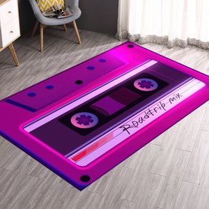 Classic Cassette Rug, 90s Rug, Tape Rug, Neon Design Rug, Non Slip Carpet, Customize Cassette Rug, Music Rug, Living Room Rug, Unique Gift