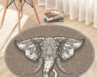 Elephant Round Rug: Cultural Animal Print, Colorful Abstract Rug