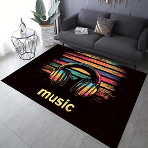 Headphones Music Room Rug: Colorful Rock Music Design