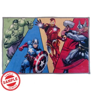 May include: A colorful rug featuring the Avengers characters: Hulk, Iron Man, Captain America, and Thor. The rug has a red, blue, green, and yellow color scheme.