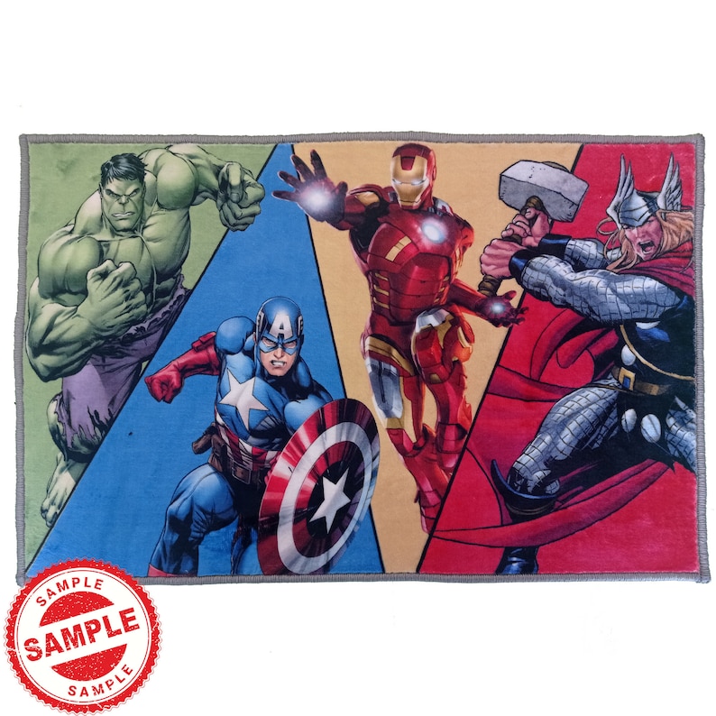 May include: A colorful rug featuring the Avengers characters: Hulk, Iron Man, Captain America, and Thor. The rug has a red, blue, green, and yellow color scheme.