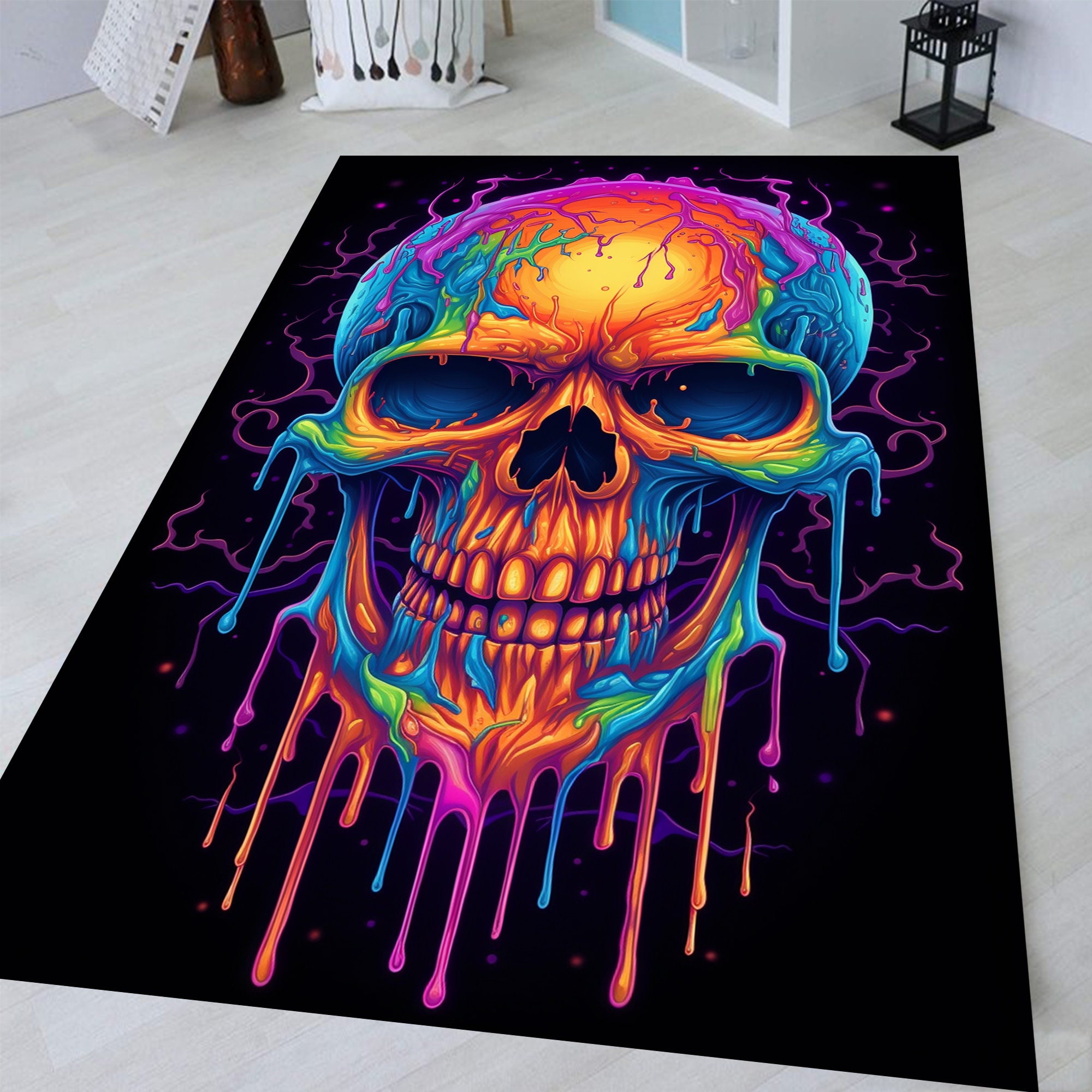 Discover Skull Rug,Neon Skull  Rug, Horror Rug, Modern Skull Rug, Fantastic Rug, Non-Slip Floor Rug, Custom Rug, Home Decor Rug, For Living Room Rug