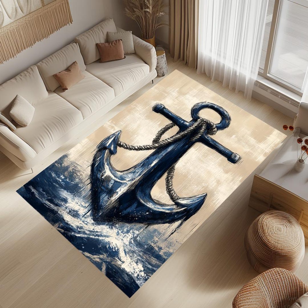 Navy Anchor Rug: Nautical Waves, Kids Room Decor - Etsy