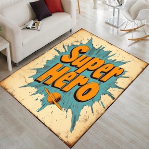 Vintage Style Superhero Rug: Kids Room Decor